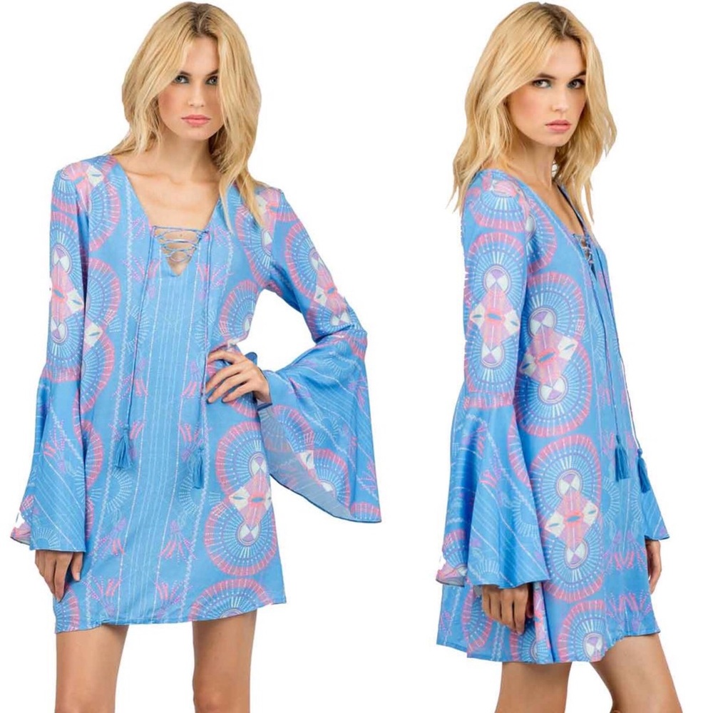 Cleobella Boho Blue Abstract Bell Sleeve Dress